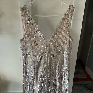 Lulus Full Length champagne and silver sequin gown